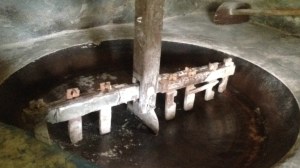 Depois de secar a mandioca na prensa, ela é torrada nesse tacho, aquecido à lenha, durante a tarde inteira.